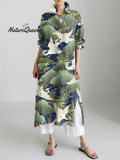 Crane & Pine Japanese Pattern Long Sleeve Slit Shirt Dress