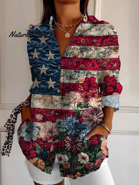 Women's Independence Day Printed Casual Lapel Shirt