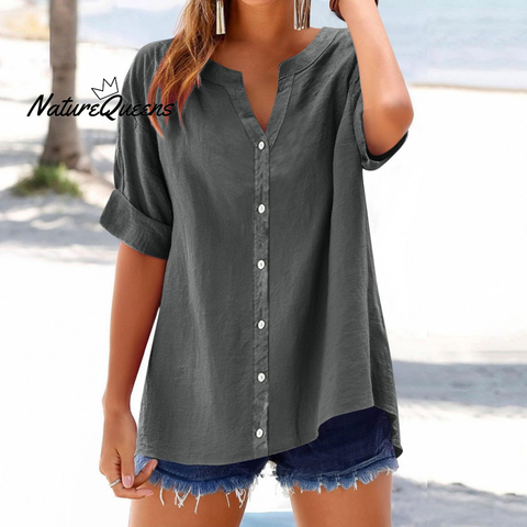 Women's Linen Casual Loose-Fit Button-Up V-Neck Shirt