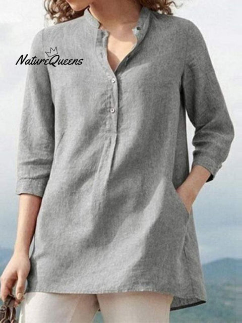 Women's solid color casual stand collar 3/4 sleeves shirt