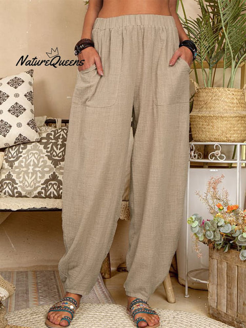 Casual Plain Loose Cotton Harem Pants Khaki / S