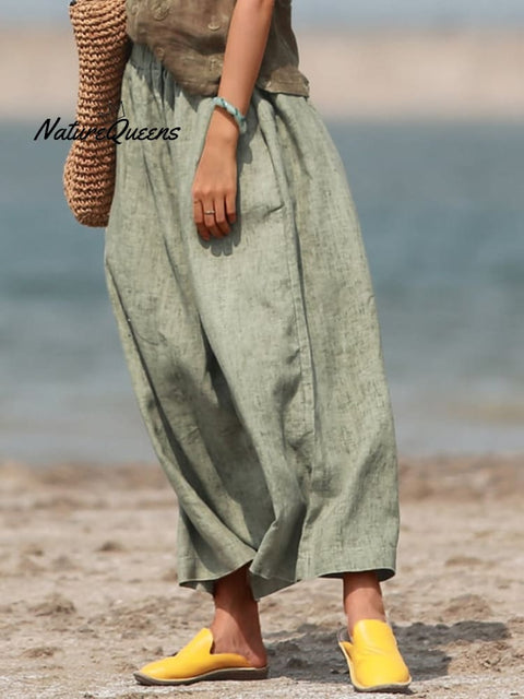 Cotton Loose Vacation Relaxed Elastic Waist Wide Leg Crop Pants