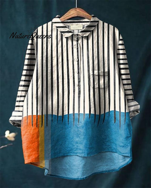 Bohemian Striped Color Block Abstract Art Cotton and Linen Shirt