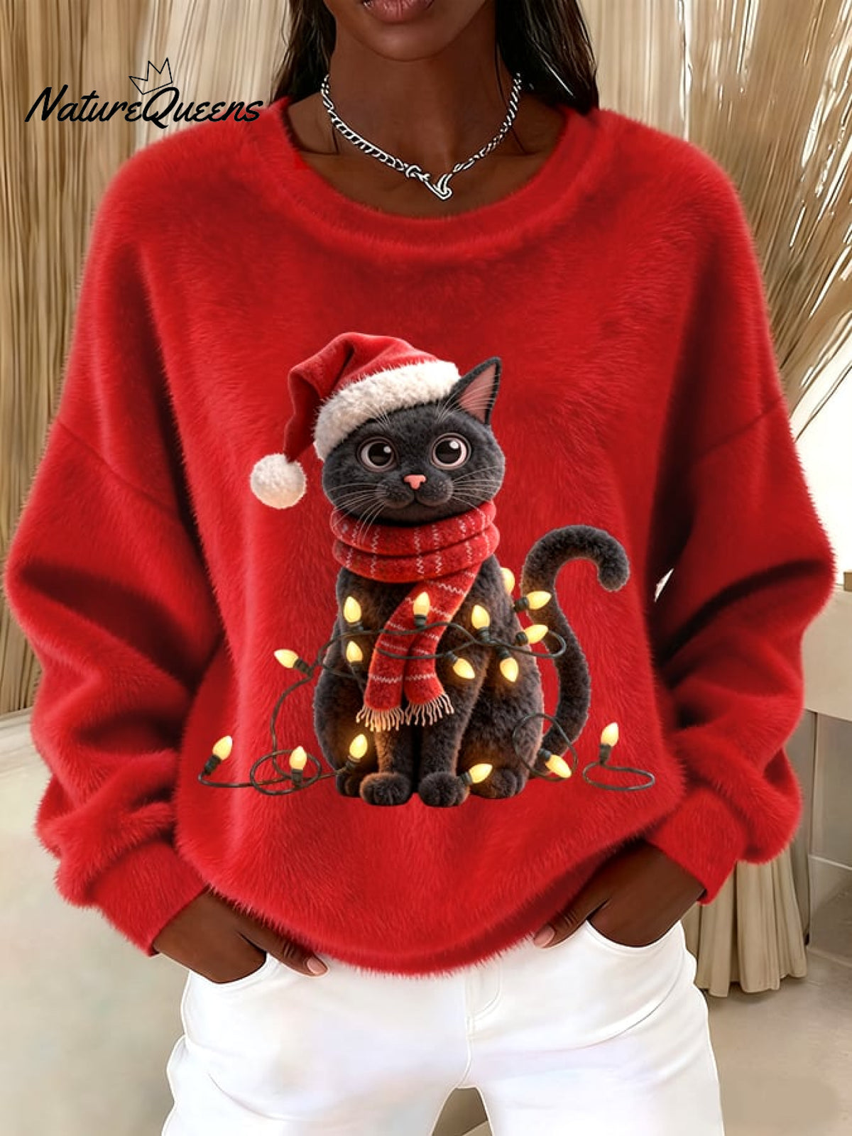 Women's Vintage Christmas Black Cat Print Sweater
