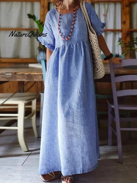 Women's Solid Color Lace Cotton Linen Midi Dress