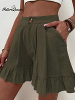 Women Summer Cotton Casual Plain Natural Ruffled Shorts