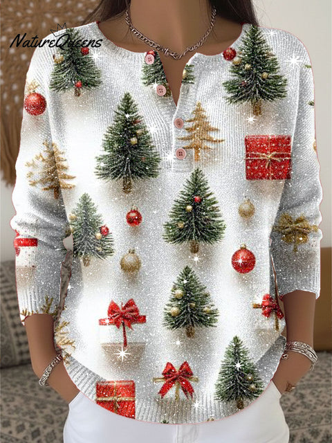 Christmas Tree Lantern Bow Gift Pattern Print Henley Neck Sparkling Sequin Sweater