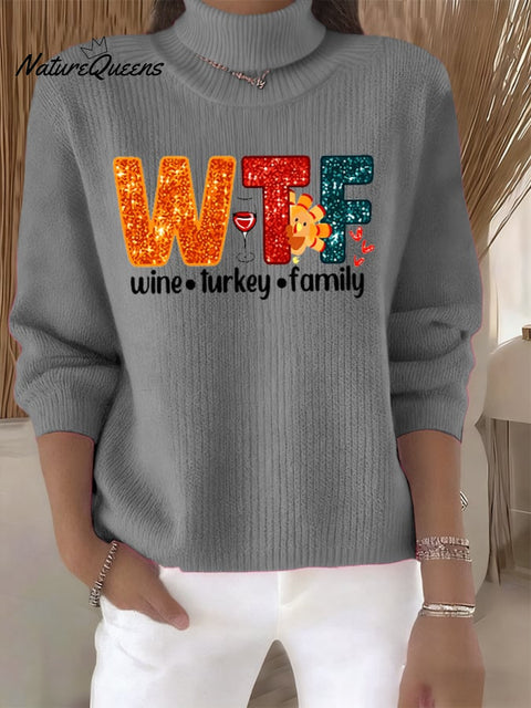 Women's Retro Wine Turkey Family Print Turtleneck Knit Top