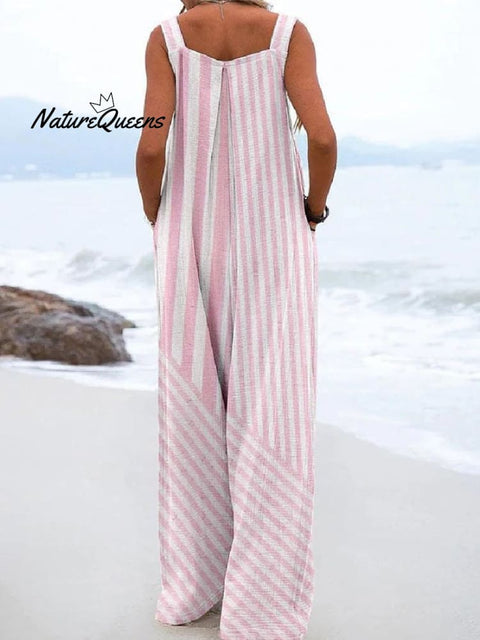 Women's Casual Striped Pattern Print Loose Overalls