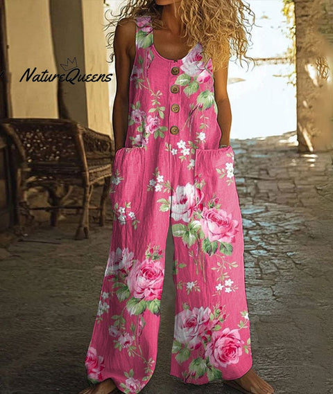 Women's Pink Rose Art Print Casual Wide Leg Jumpsuit