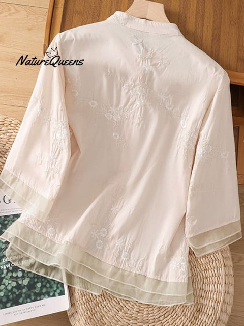 Art Retro Embroidery 3/4 Sleeve Patchwork Shirt