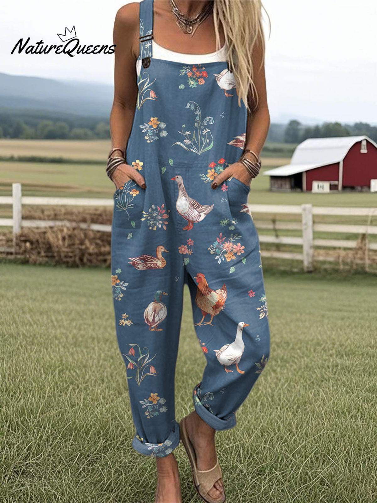 Women's Farm Animal Print Casual Cotton Wide Leg Jumpsuit