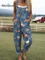 Women's Farm Animal Print Casual Cotton Wide Leg Jumpsuit