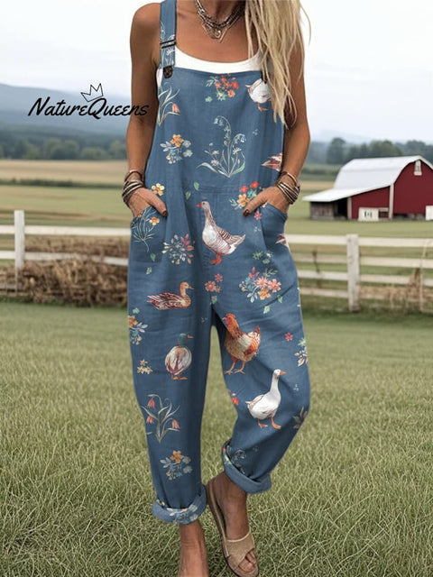 Women's Farm Animal Print Casual Cotton Wide Leg Jumpsuit