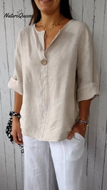 V - Neck Cotton And Linen Button Top