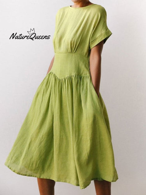 2023 New Linen Grass Green Midi Dress