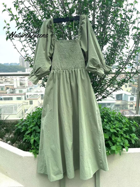 French Ruffled Lantern Sleeves Multi-wear Dress Green