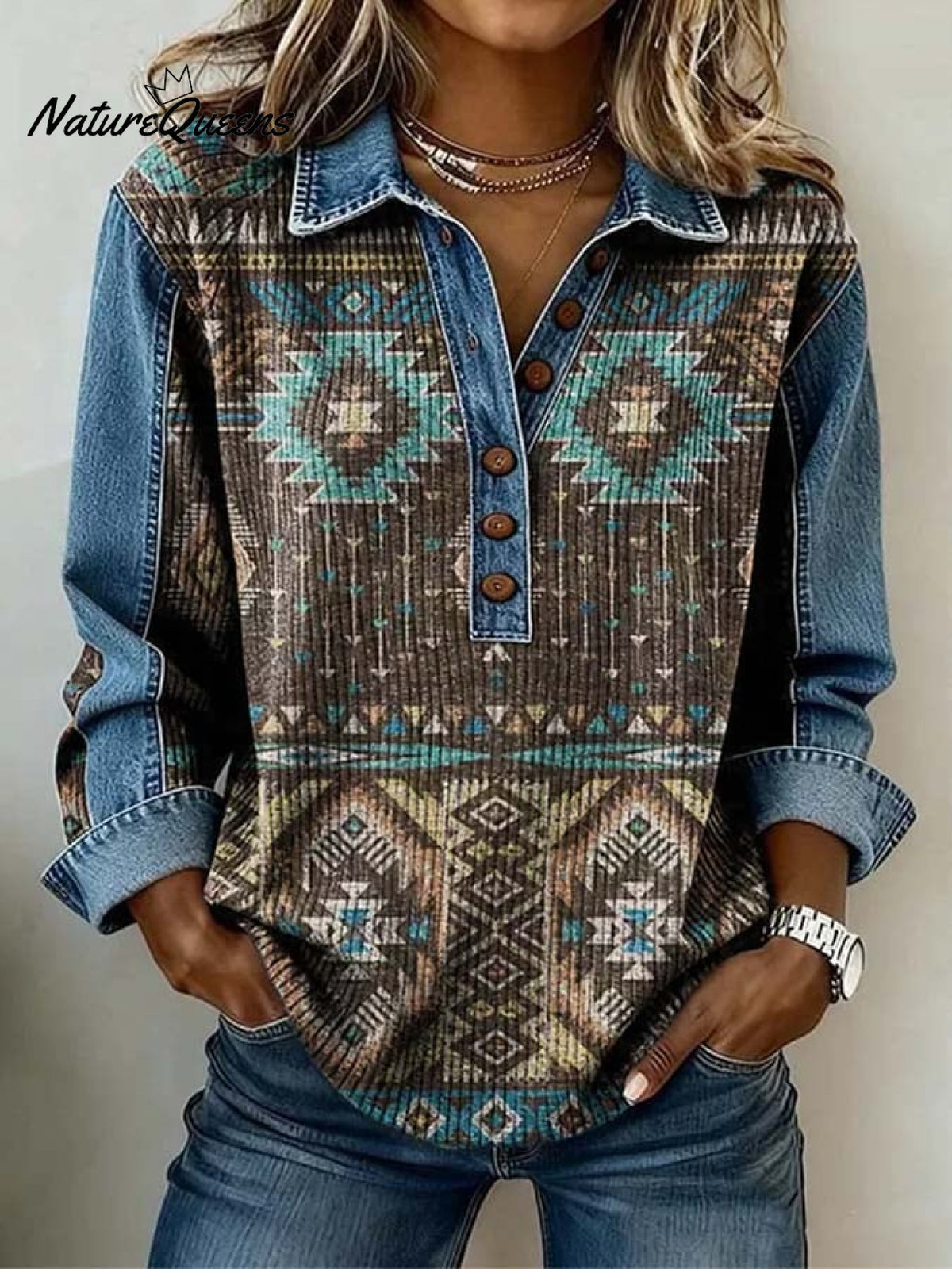 Women'S Casual Color-Block Printed Patchwork Pullover Sweatshirt