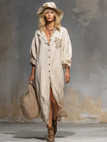 Loose Single-breasted Floral Embroidered Cotton And Linen Long-sleeved Maxi Dress