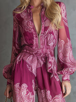 Elegant And Modern Hot Pink Printed Chiffon Long-sleeved Wide-leg Jumpsuit