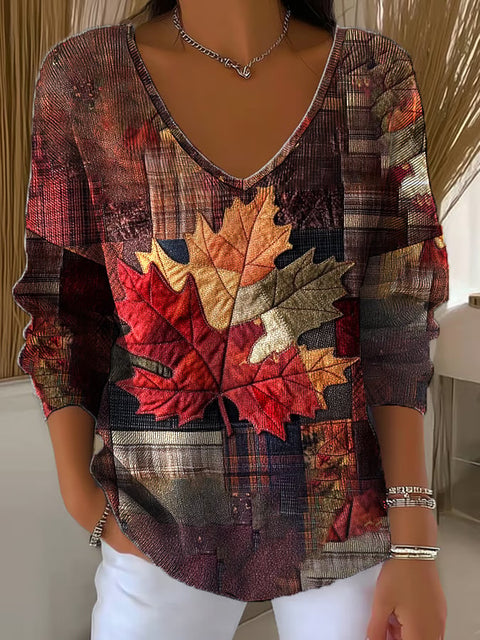 Women's Casual Autumn Maple Leaf Splicing Texture Print Long Sleeve T-shirt