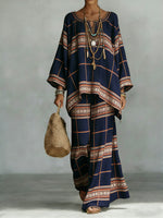 Women's Comfortable and loose print pattern cotton and linen wide-leg pants two-piece set