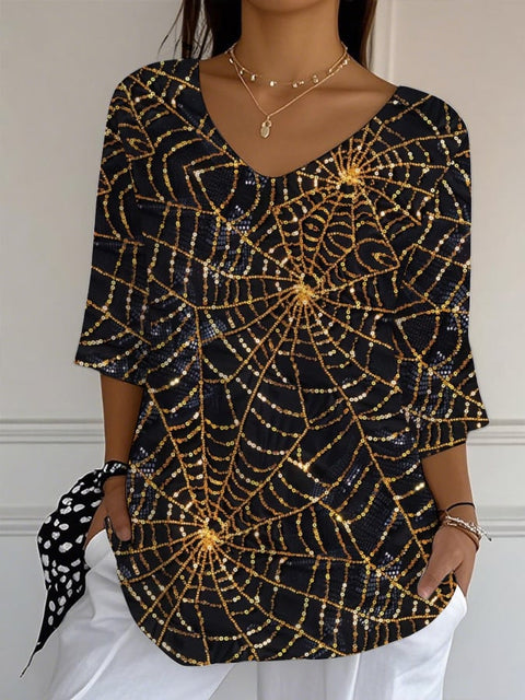 Women's Autumn Spiderweb Sequin Print Casual Top