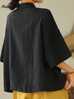 Women's Retro Lapel Solid Color Casual Cotton And Linen Shirt