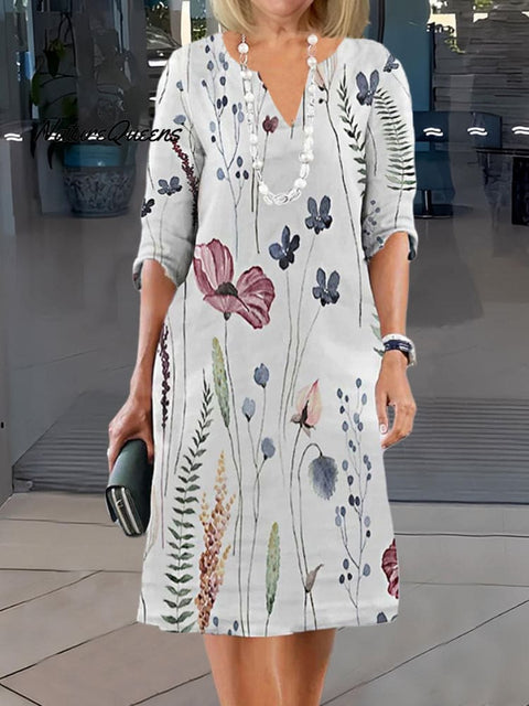 Elegant Floral Print Half Sleeve Tunic Dress