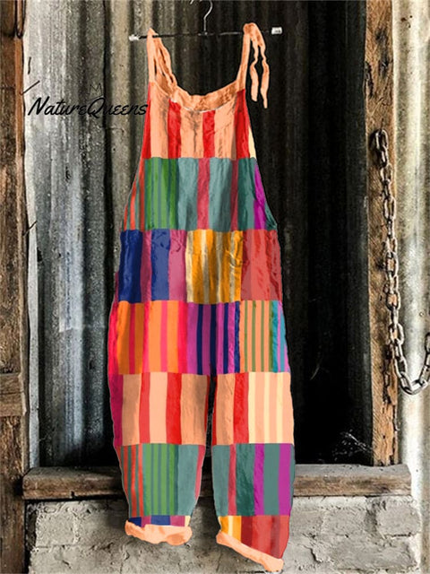 Women's Colorful Striped Pattern Linen Blend Jumpsuit