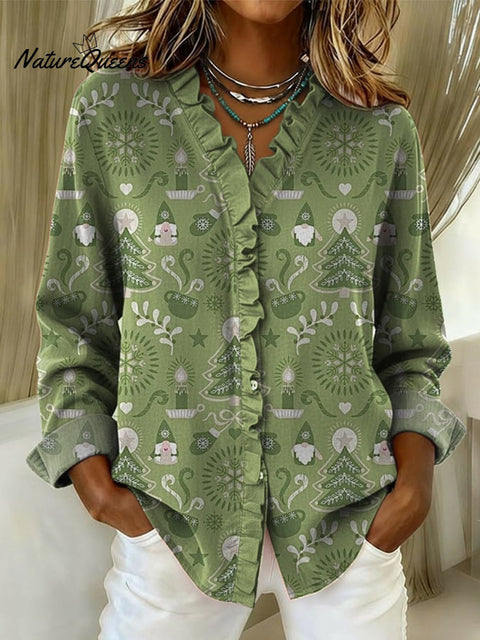 Women's Christmas Print Casual Cotton And Linen Ruffle Shirt