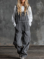 Casual Western Grey Denim Loose Multi-Pocket Jumpsuit Overalls