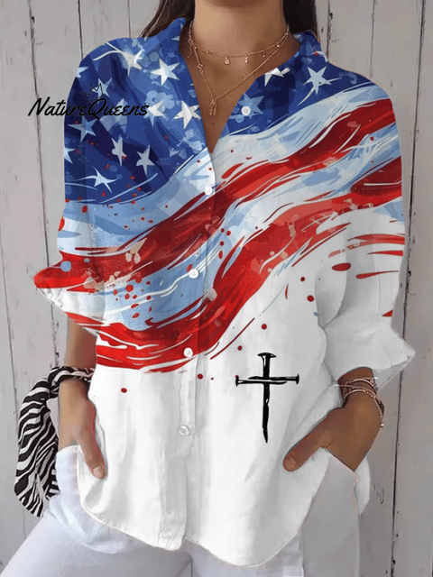 Women's Independence Day Faith Print Casual Lapel Shirt