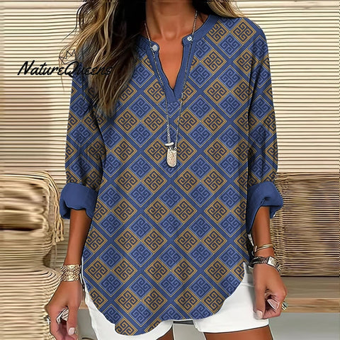 Greek Key Print V-neck Linen Blend Blouse