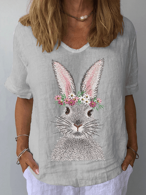 Women's Easter Bunny Print Casual V-Neck Top