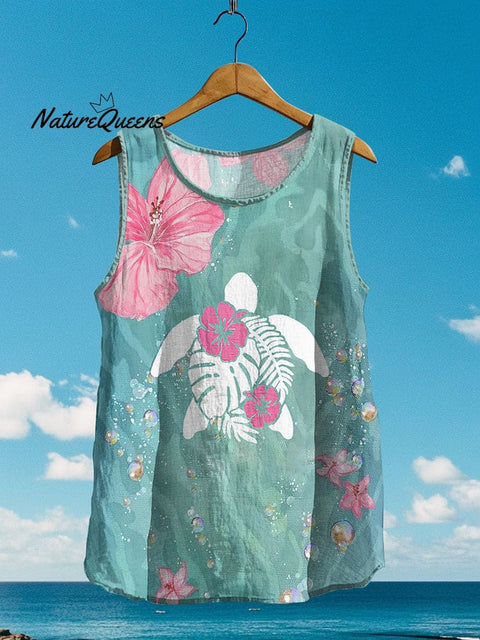 Women's Loose Sea ??turtle In Floral Linen Sleeveless Tank Top