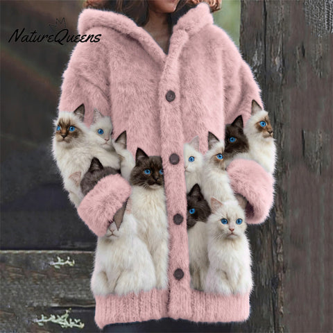 Classy Fuzzy Cats Art Cozy Knit Hooded Cardigan