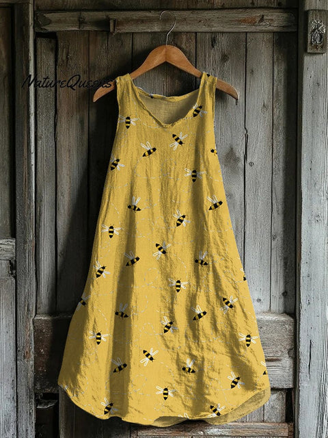 Flying Bees Print Linen Tank Dress