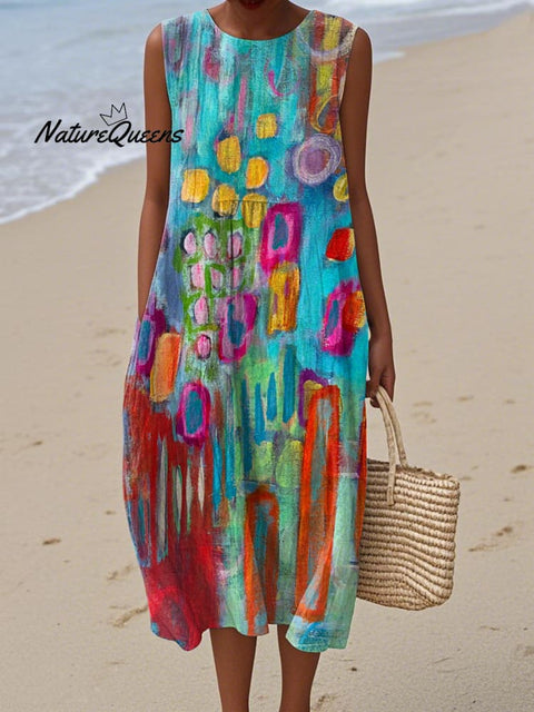Women's Retro Geometric Print Cotton and Linen Dress