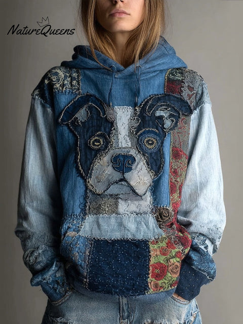 Cute Dog Boho Floral Embroidered Patchwork Cozy Hoodie