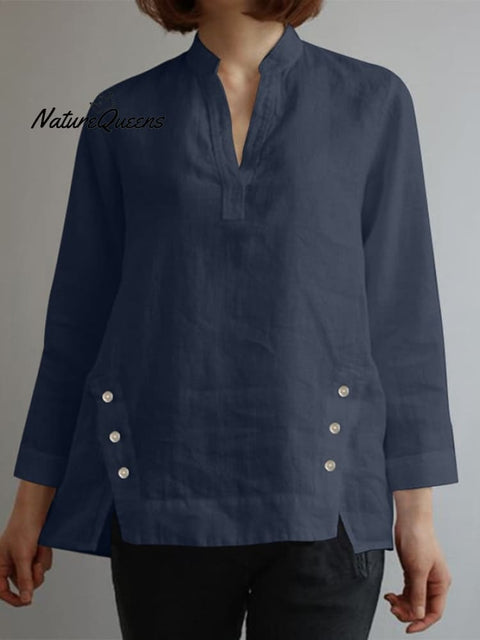 Ladies V-Neck Casual Cotton And Linen Shirt With Irregular Hem Design