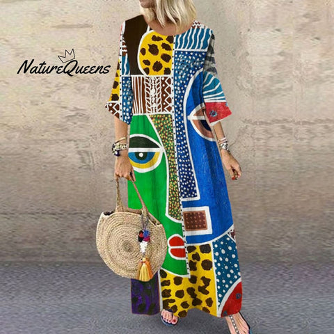 Face Geometric Abstract Art Women's Linen Maxi Dress