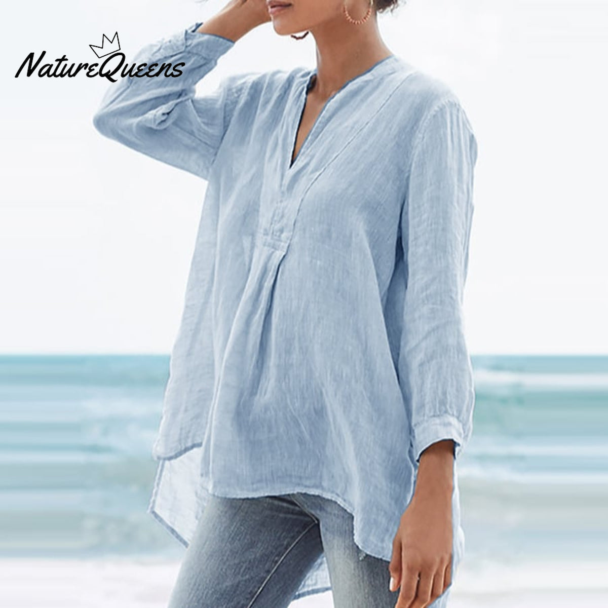 Ladies Casual Simple Style Cotton Linen Shirt Blue / S