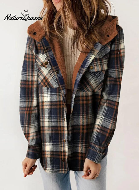 Women's Casual Fashion Fur Plaid Hooded Jacket
