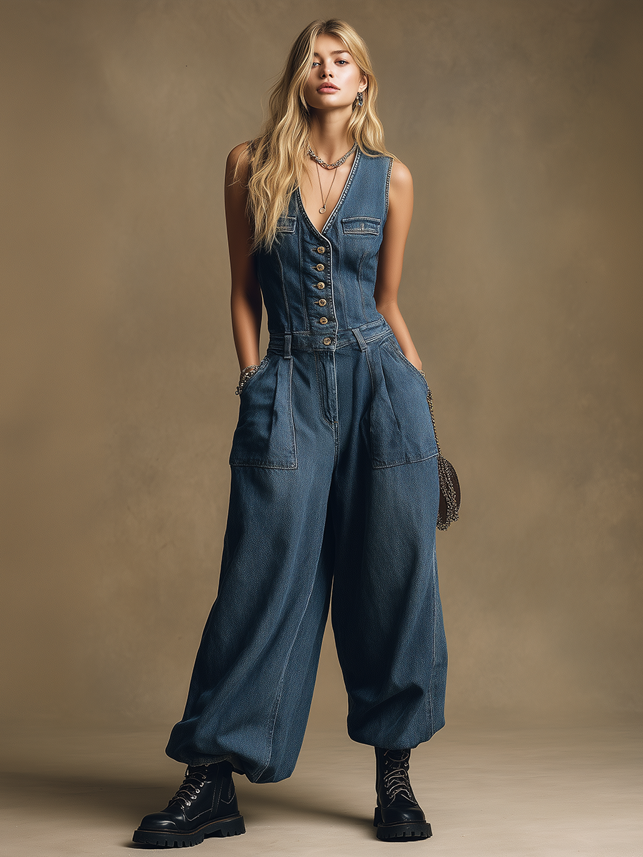 Retro Sporty V-neck Sleeveless Single-breasted Denim Jumpsuit