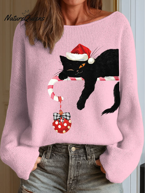 Women's Christmas Cat Print Knit Top