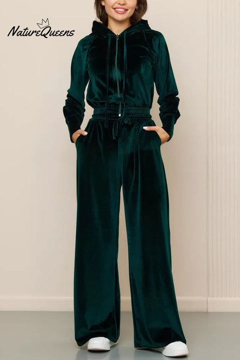 Solid Color Velvet Hooded Zip-up Sweatshirt and Elastic Waist Casual Pocket Straight-leg Pants Set