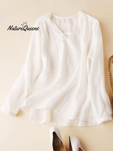 Cotton And Linen  Loose V-neck Embroidered Long Sleeve Shirt