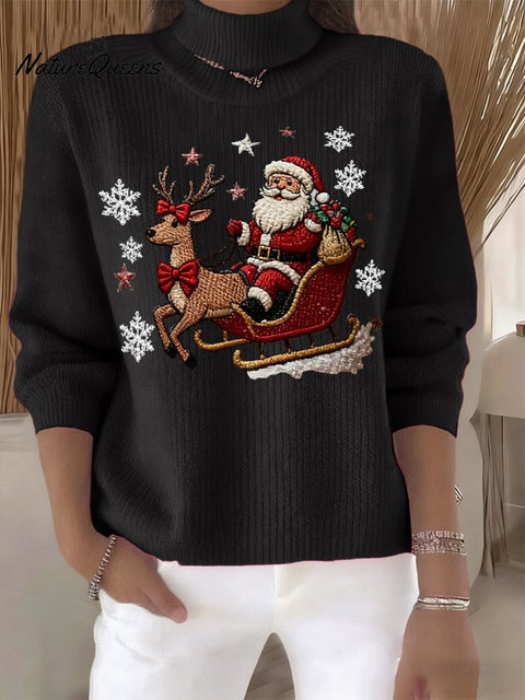 Women's Retro Santa Print Turtleneck Knit Top