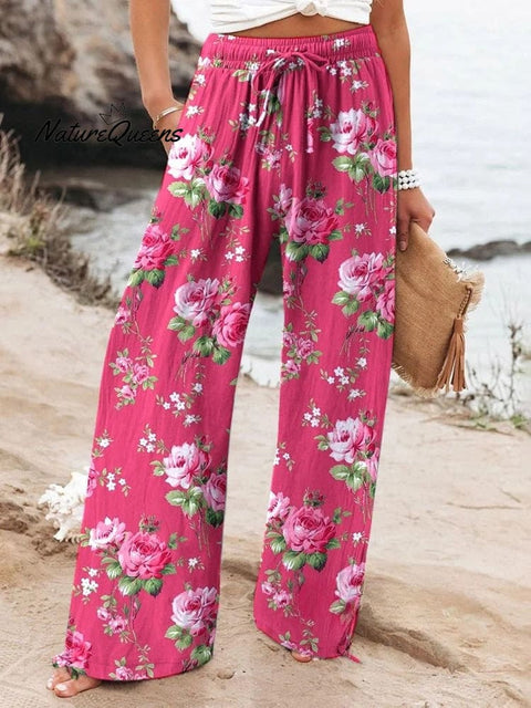 Women's Elegant Rose Pattern Cotton and Linen Wide Leg Casual Pants